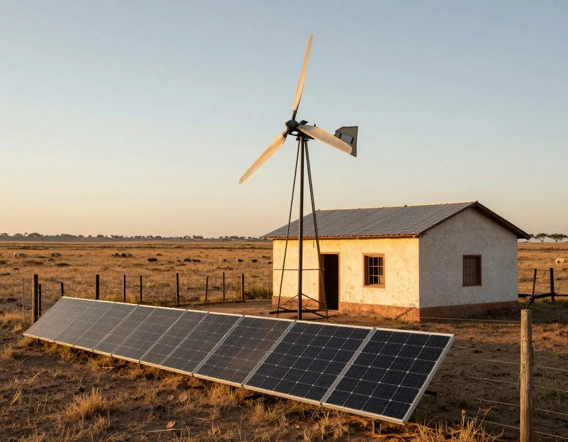 Instalación rural con aerogenerador chico y paneles