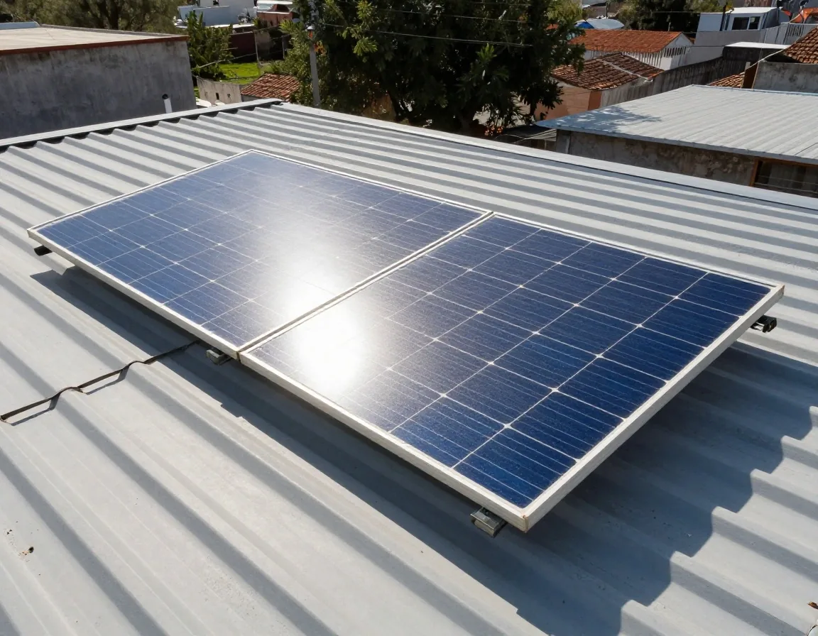Detalle de la superficie de un panel solar con polvo y reflejo del sol