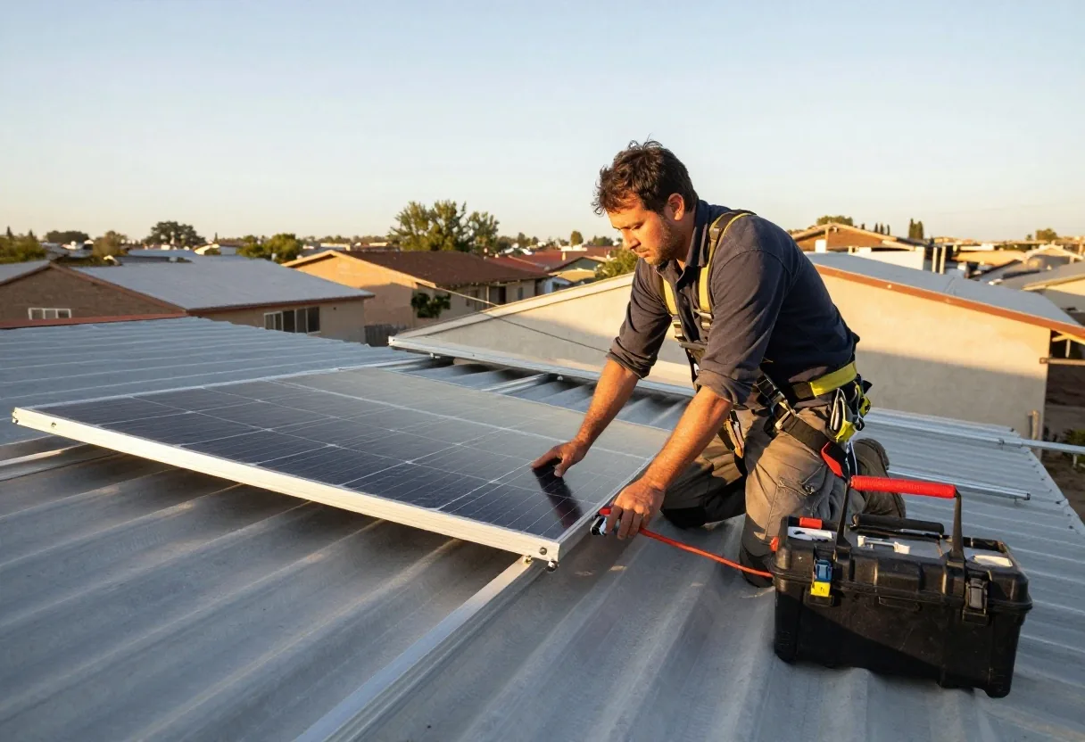 Instalador trabajando en el montaje de paneles sobre un techo argentino