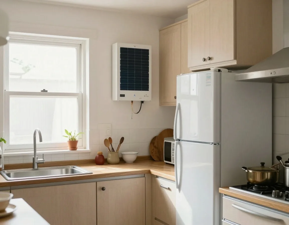 Interior de cocina argentina con consumos diurnos y equipo solar
