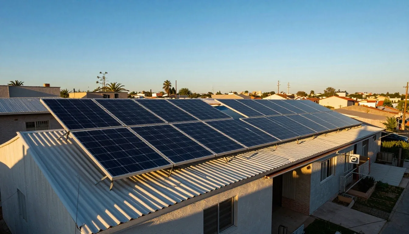 Paneles solares sobre techo de chapa en un barrio argentino al atardecer