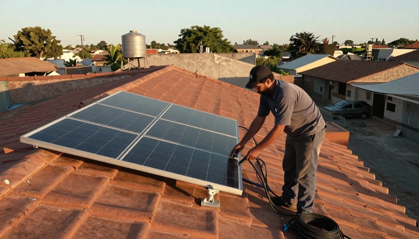 Instalador trabajando sobre techo con conectores solares