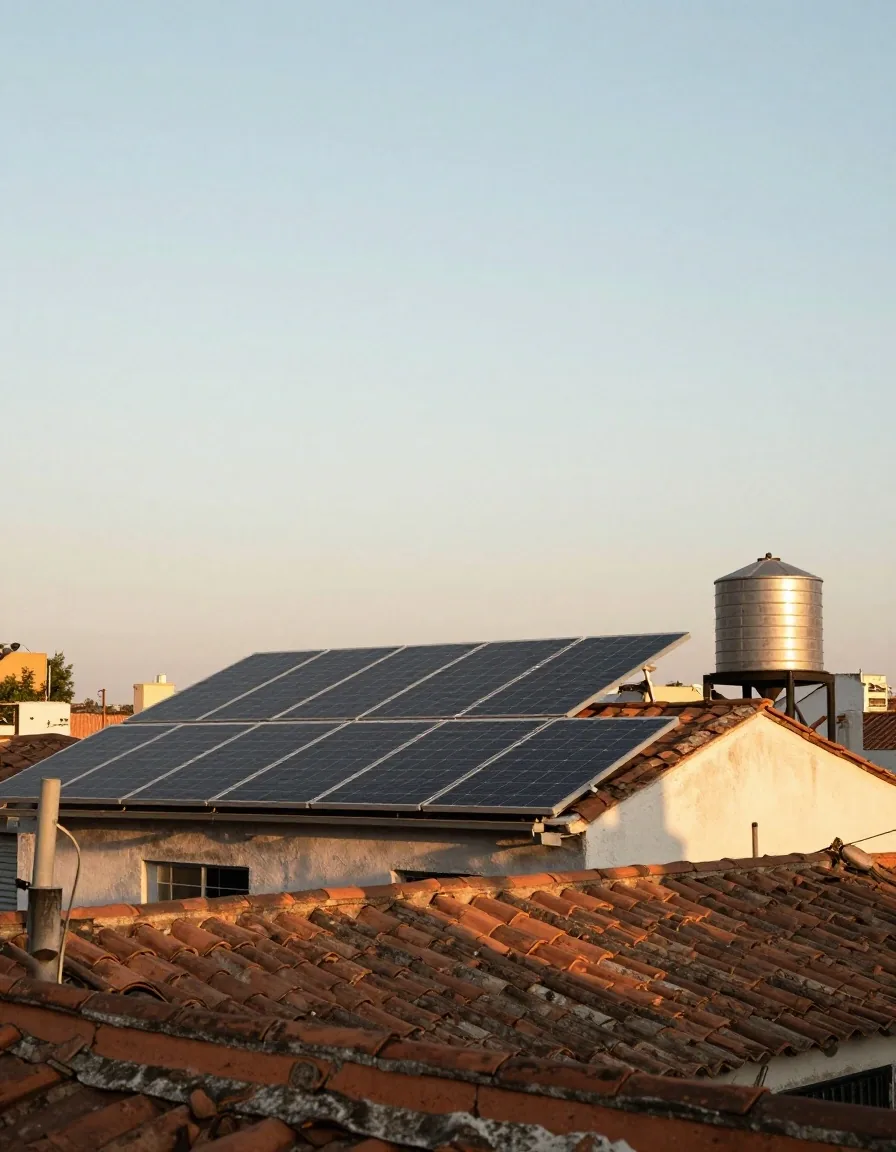 Paneles solares sobre techo de vivienda en Argentina al atardecer