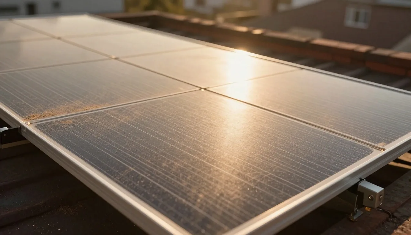Detalle de la superficie de un módulo fotovoltaico con polvo y reflejo del sol