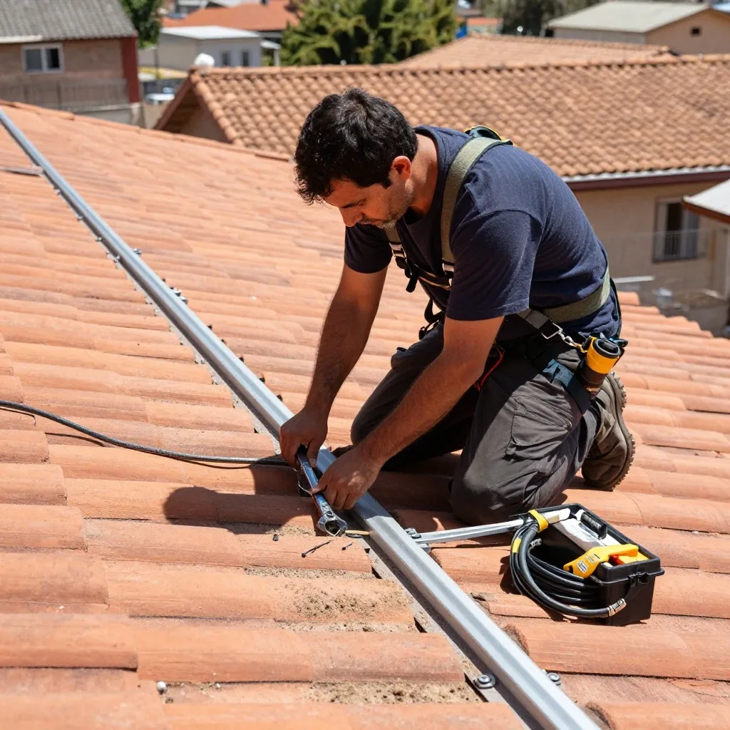 Instalador sobre techo colocando estructura y conectores de paneles solares