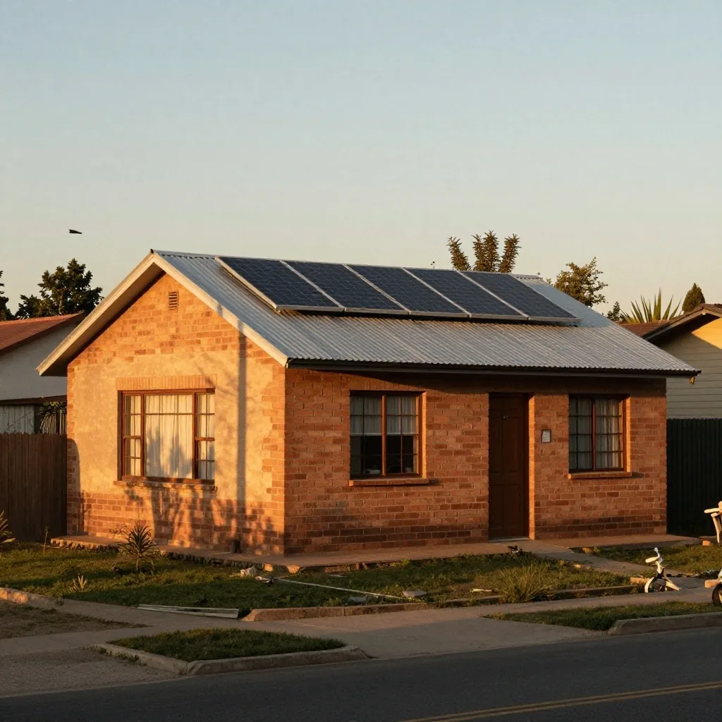 Paneles solares sobre techo de chapa en un barrio del conurbano