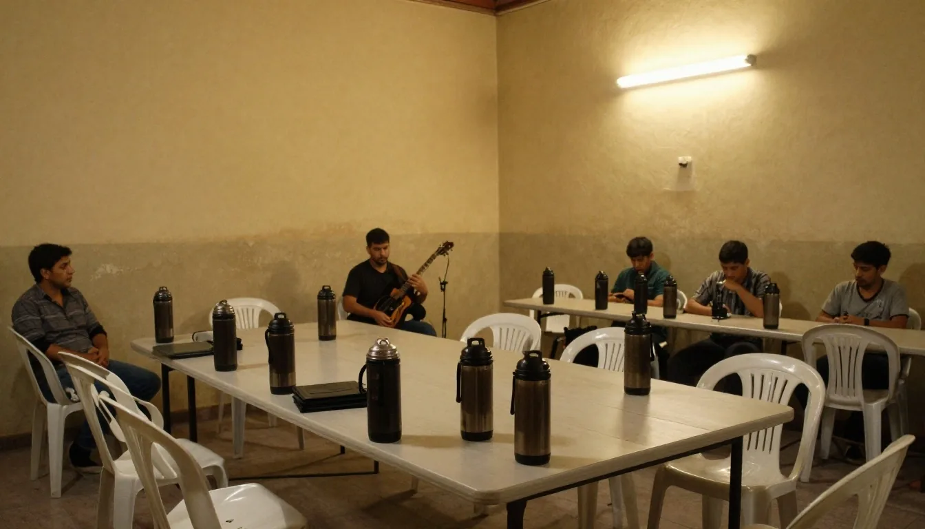Reunión vecinal en salón comunitario para evaluar un proyecto de energía