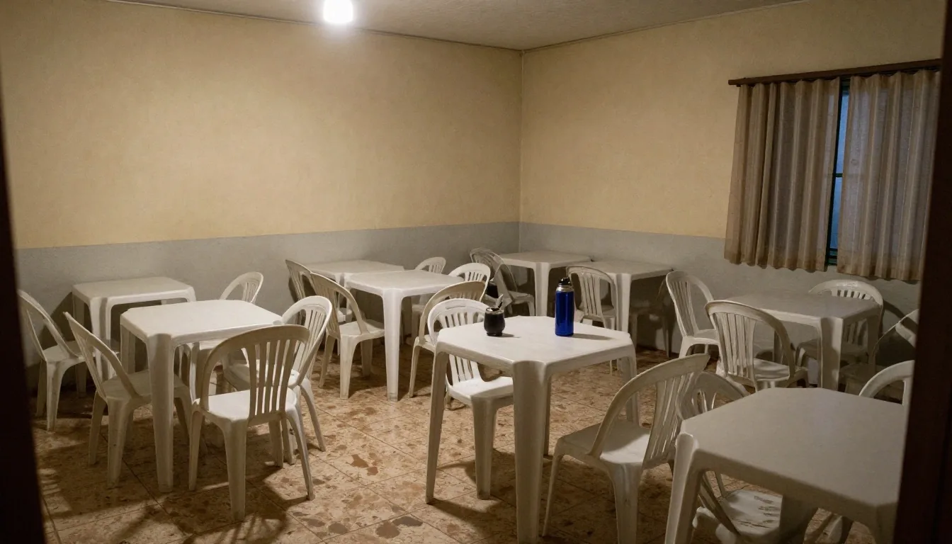 Reunión vecinal en salón comunitario para planificar energía