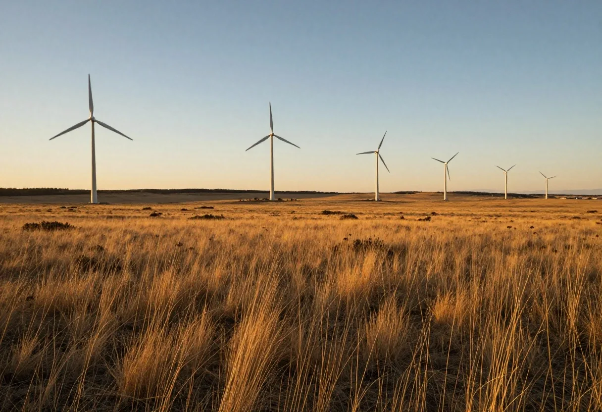 Aerogeneradores en la estepa patagónica al atardecer
