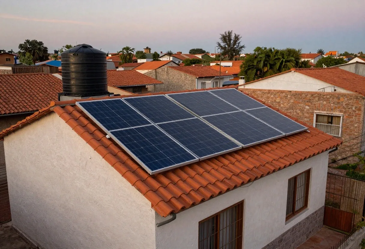 Casa argentina con paneles solares al atardecer