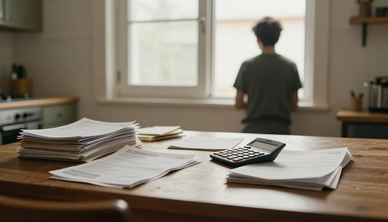 Escritorio con facturas de luz y calculadora para estimar costos