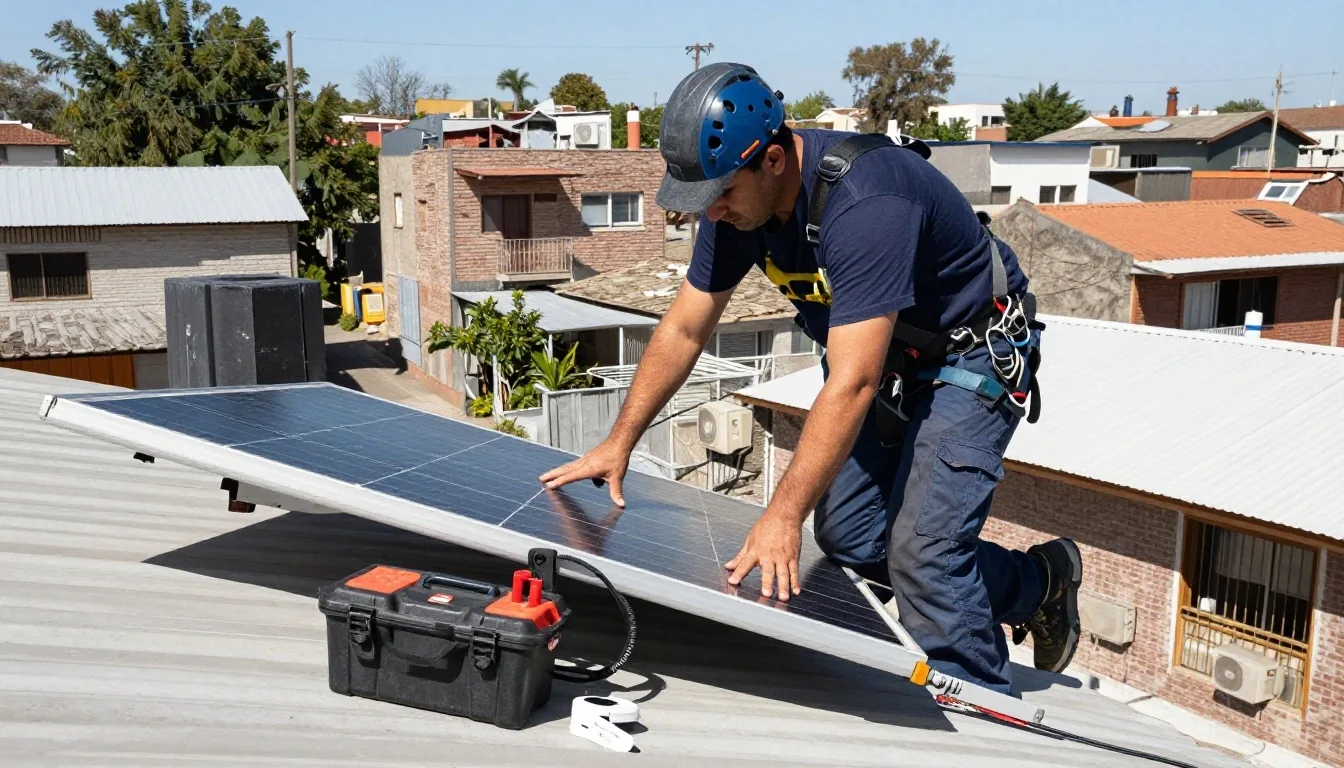 Instalador trabajando sobre un techo con paneles solares