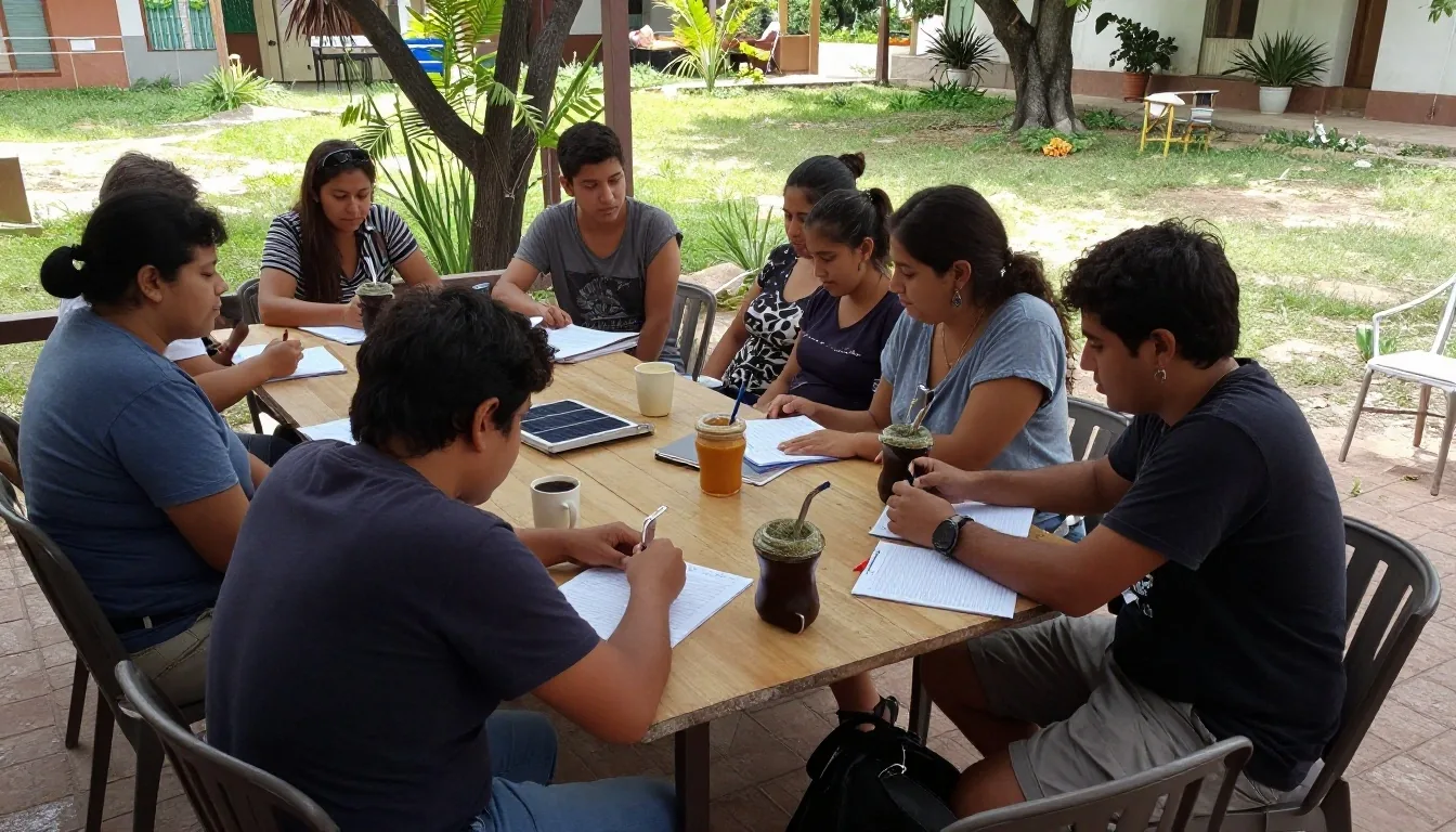 Reunión vecinal en salón comunitario para planear energía