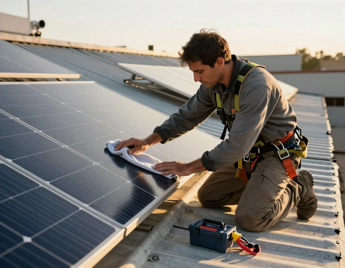 Instalador con arnés trabajando sobre un techo de chapa