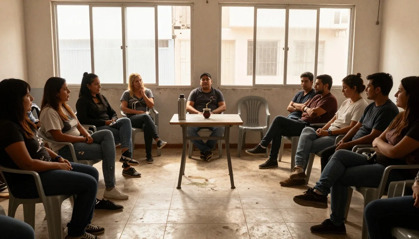 Reunión vecinal en un salón comunitario para hablar de energía