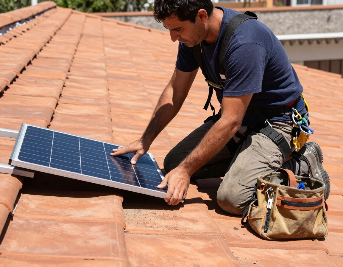 Instalador colocando un panel solar en un techo con herramientas de trabajo