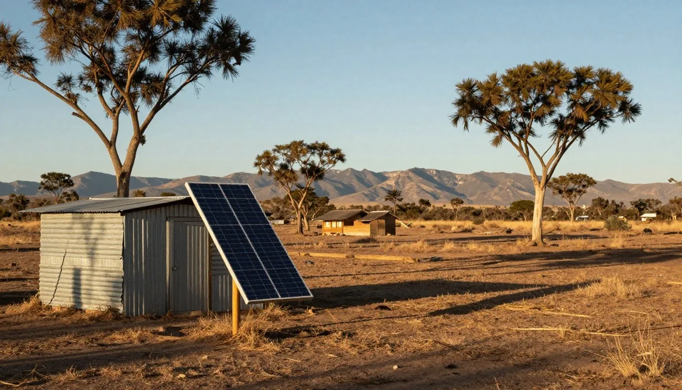 Paneles solares sobre techo de chapa en un barrio argentino al atardecer