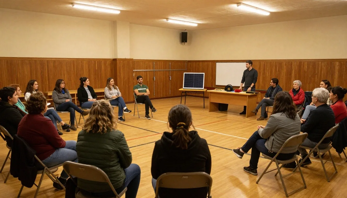 Reunión vecinal en un salón comunitario para planificar un proyecto de energía