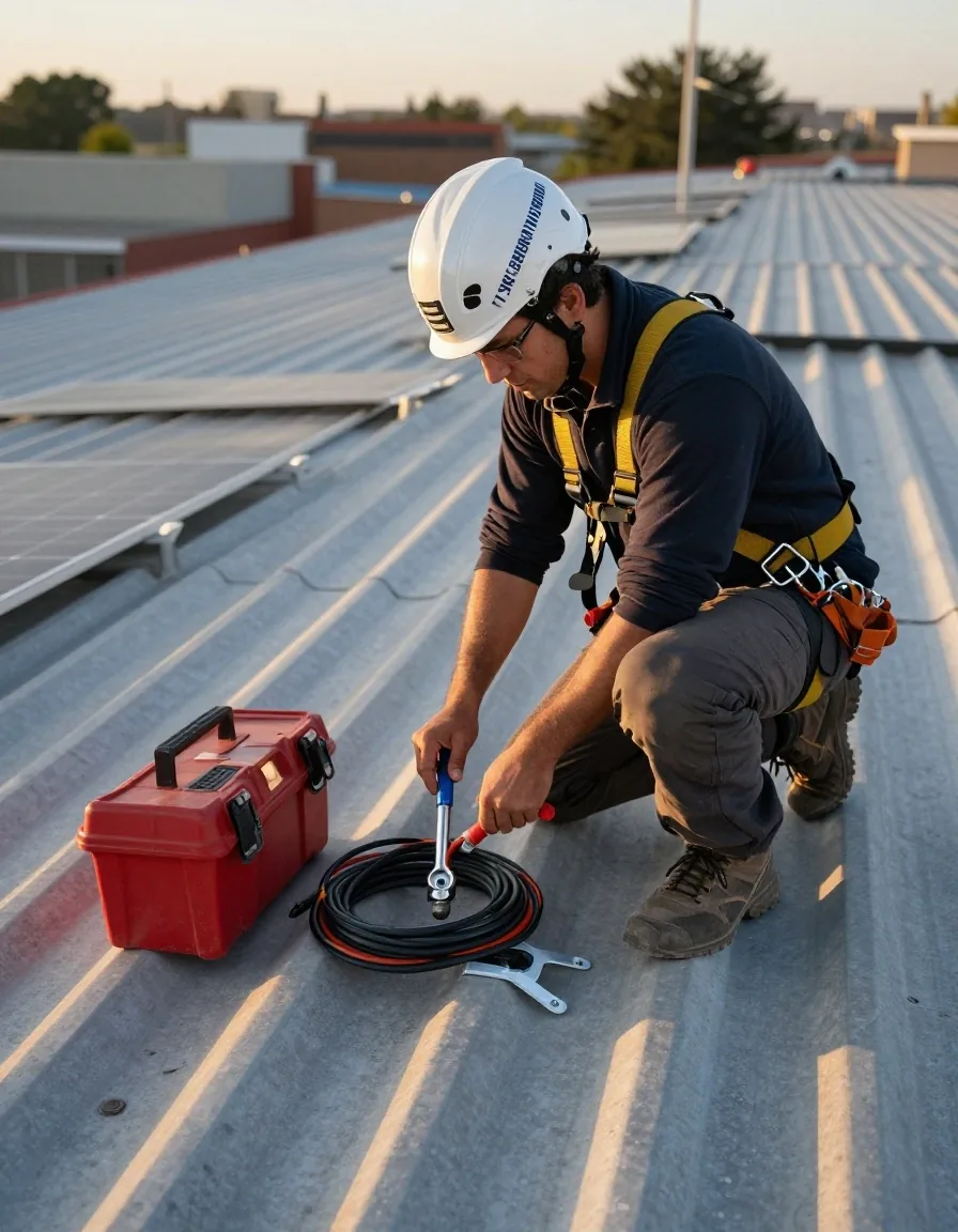 Instalador habilitado trabajando sobre un techo con equipos solares