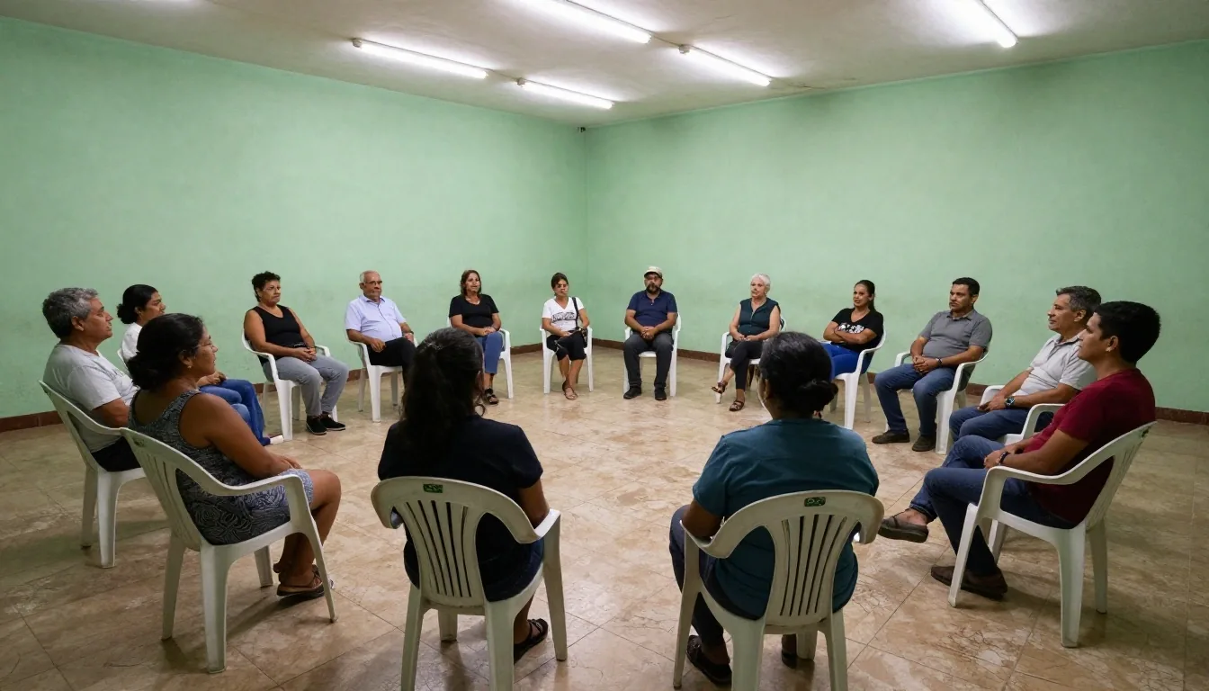 Reunión vecinal en un salón comunitario para conversar sobre energía solar