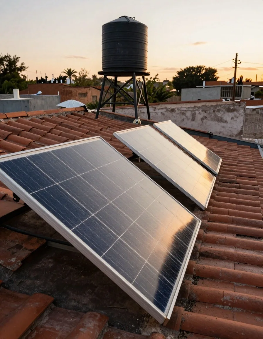 Detalle de un módulo fotovoltaico con polvo y reflejo del sol