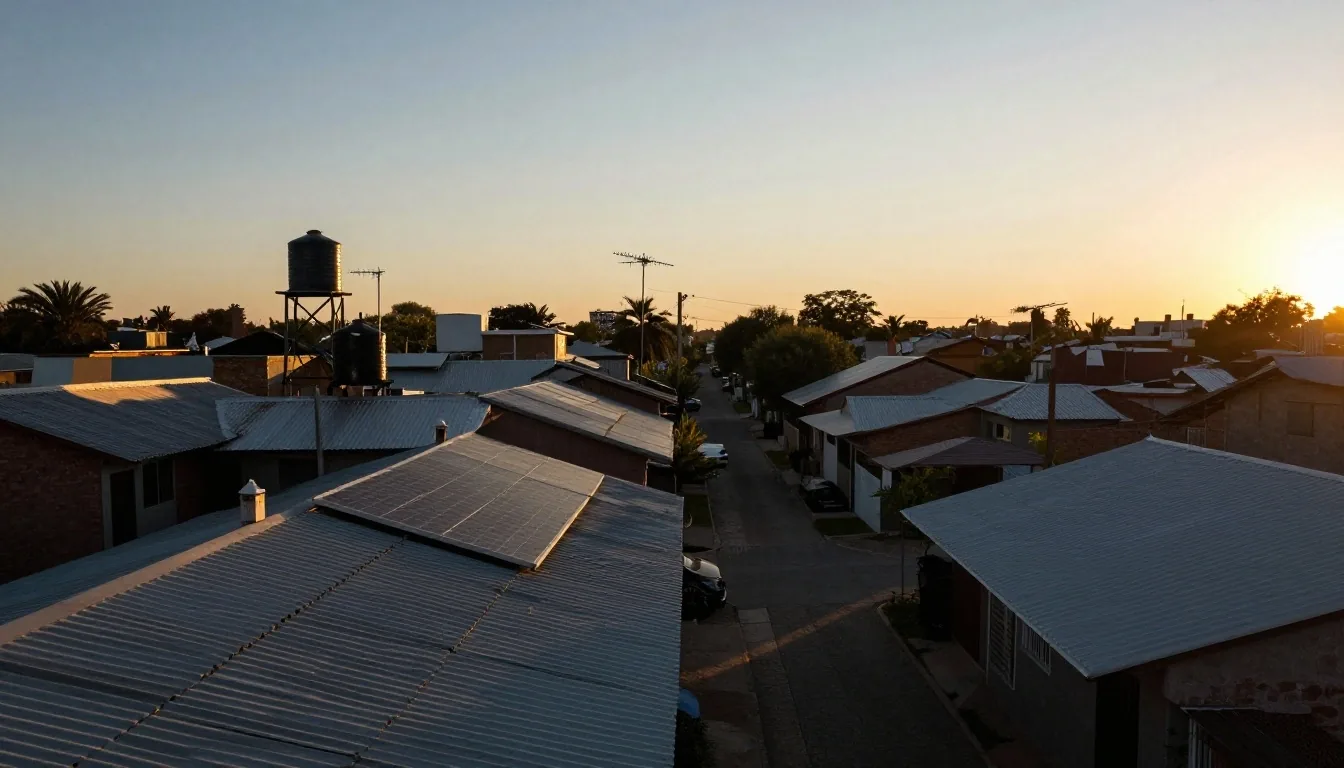 Paneles solares sobre techo de chapa en un barrio argentino al atardecer