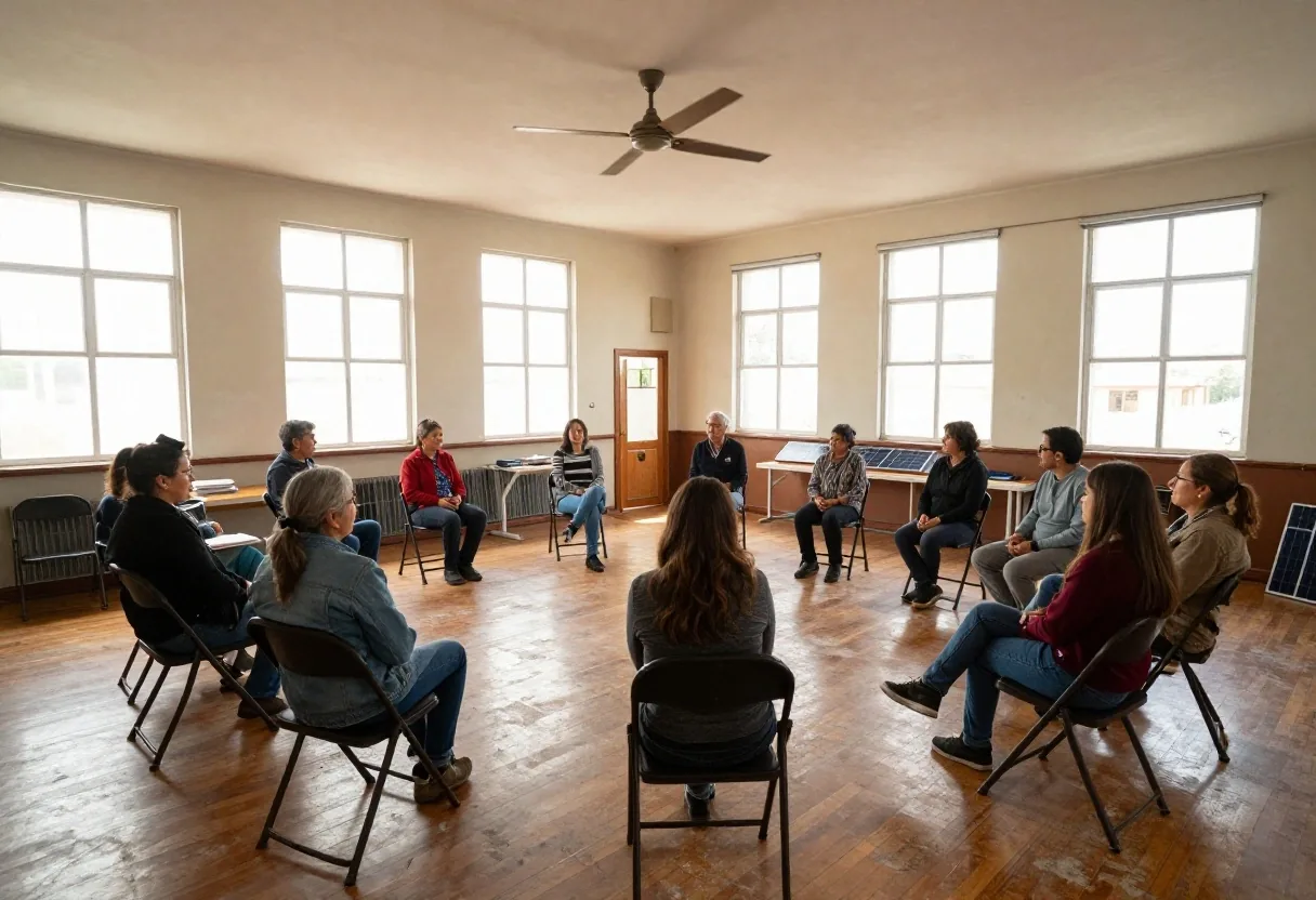 Reunión vecinal en un salón comunitario con mapa de la zona