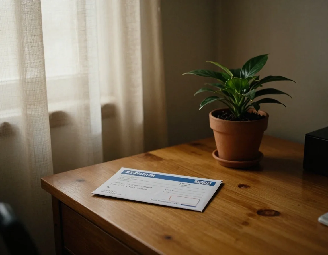 Escritorio con facturas de luz y calculadora junto a una ventana