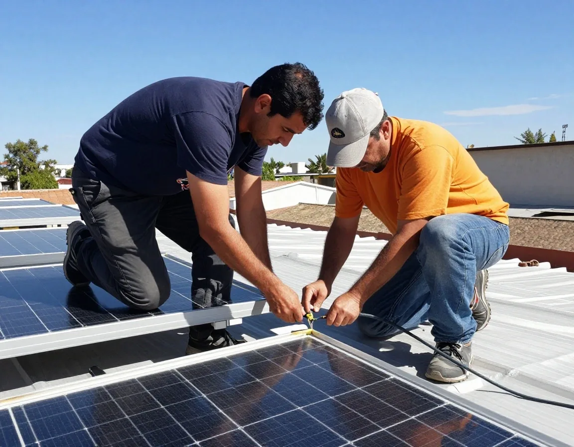 Instalador trabajando en un techo con un panel solar