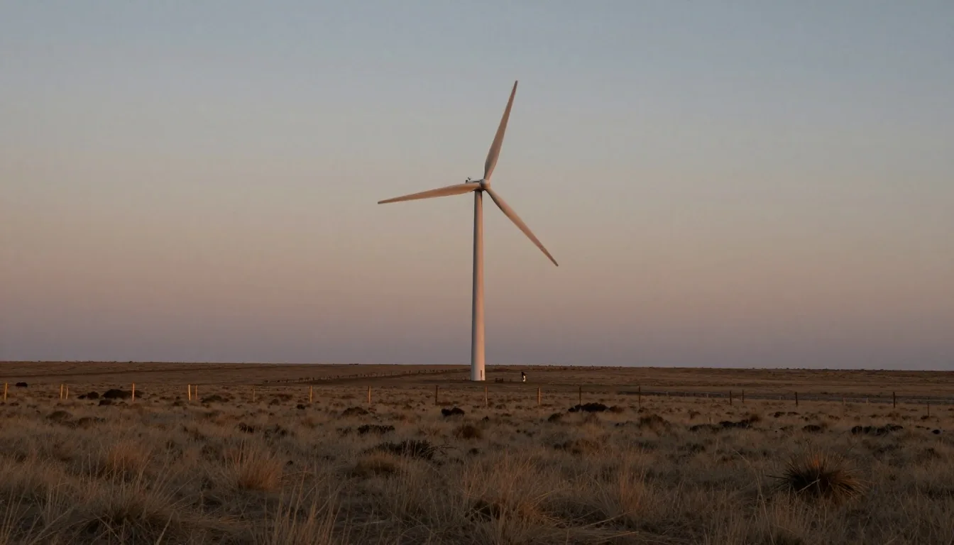 Molinos eólicos en la estepa patagónica al atardecer